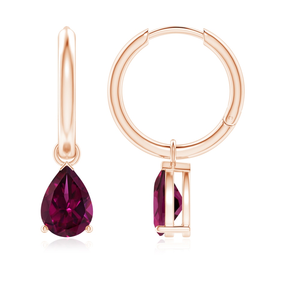 8x6mm AAAA Pear-Shaped Rhodolite Hinged Hoop Drop Earrings in Rose Gold 