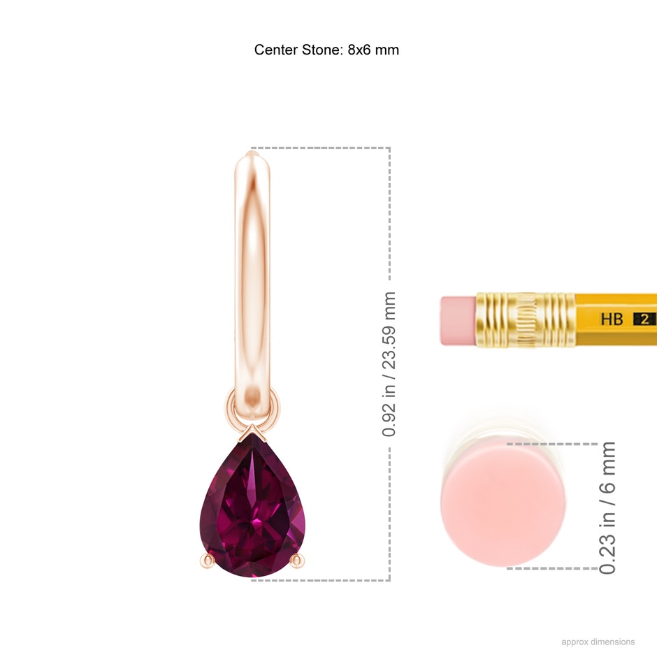 8x6mm AAAA Pear-Shaped Rhodolite Hinged Hoop Drop Earrings in Rose Gold ruler