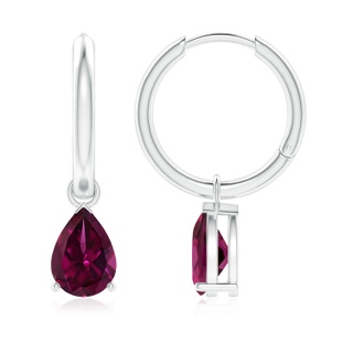 8x6mm AAAA Pear-Shaped Rhodolite Hinged Hoop Drop Earrings in White Gold