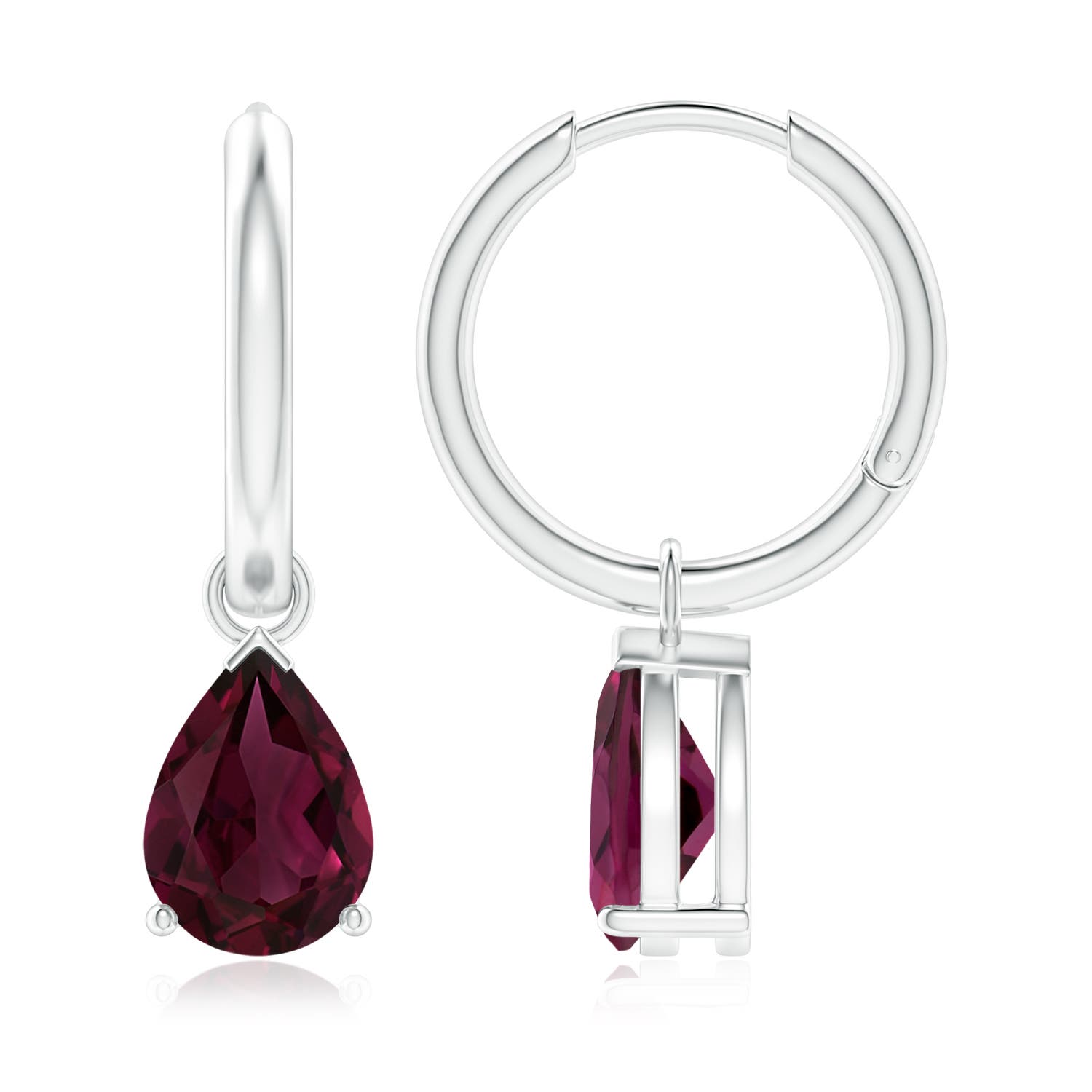 9x6mm AAA Pear-Shaped Rhodolite Hinged Hoop Drop Earrings in White Gold