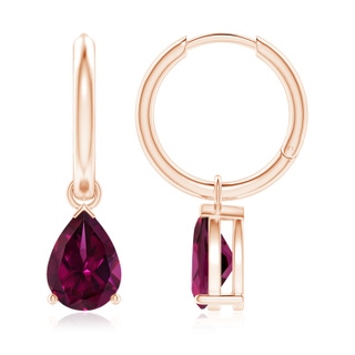 9x6mm AAAA Pear-Shaped Rhodolite Hinged Hoop Drop Earrings in Rose Gold