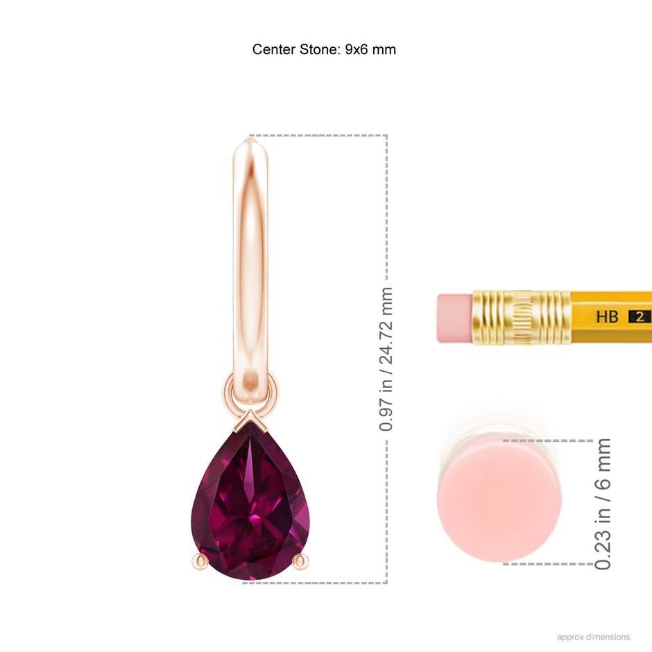 9x6mm AAAA Pear-Shaped Rhodolite Hinged Hoop Drop Earrings in Rose Gold ruler