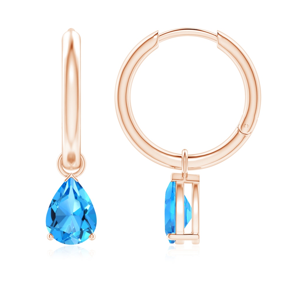 7x5mm AAAA Pear-Shaped Swiss Blue Topaz Hinged Hoop Drop Earrings in Rose Gold