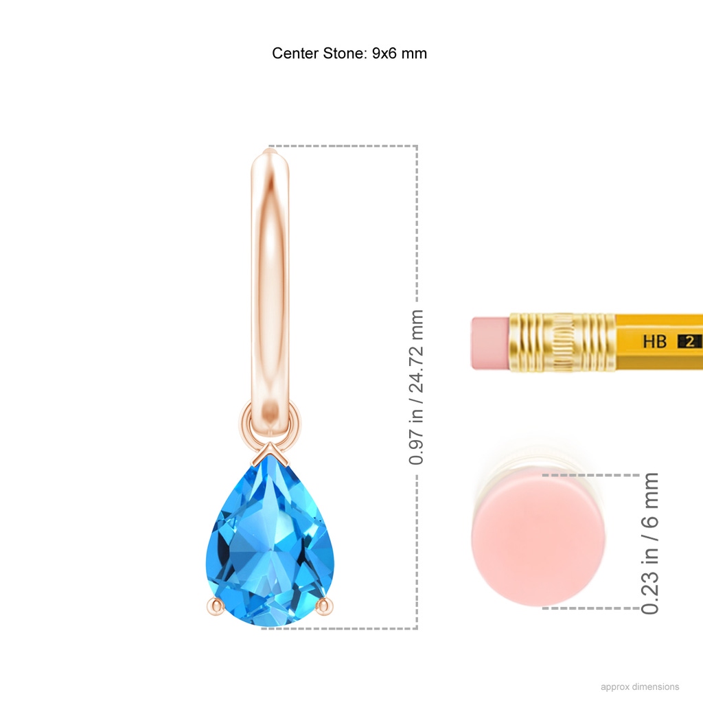 9x6mm AAAA Pear-Shaped Swiss Blue Topaz Hinged Hoop Drop Earrings in Rose Gold Ruler