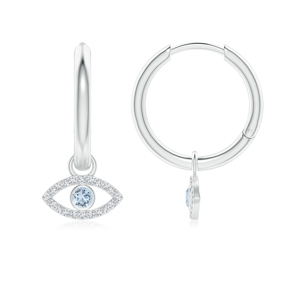 2.5mm A Aquamarine Evil Eye Hinged Hoop Earrings with Diamonds in White Gold 