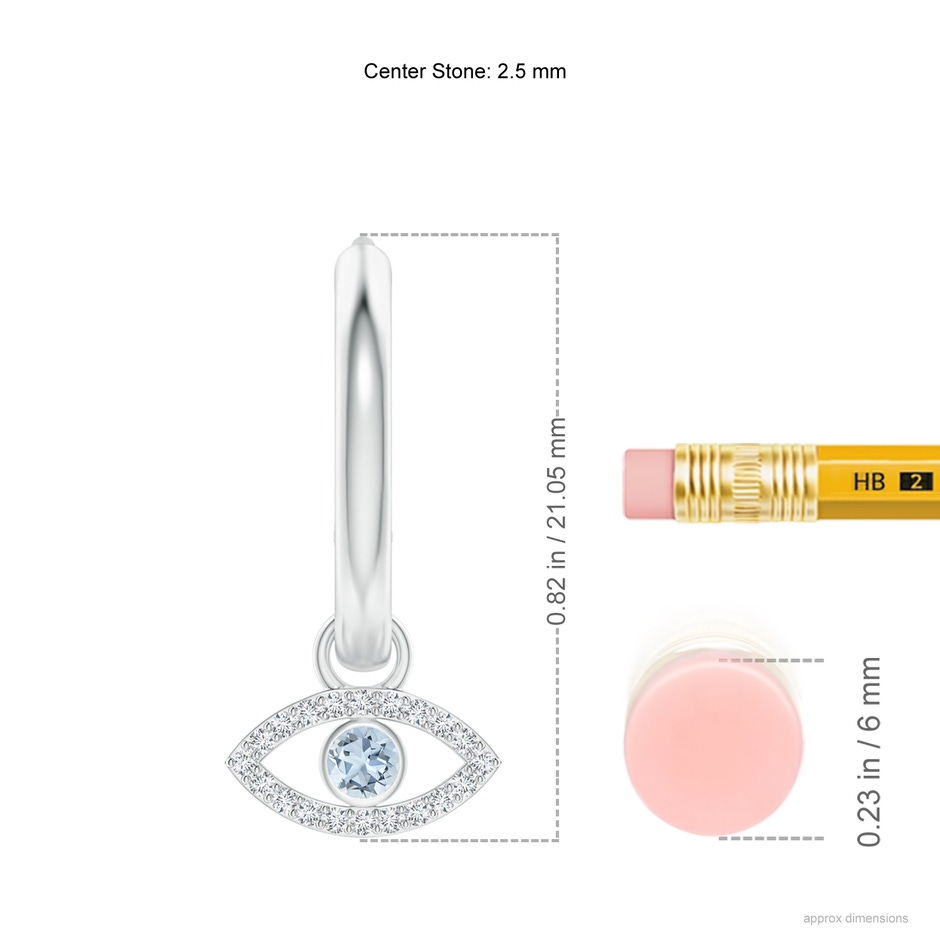 2.5mm A Aquamarine Evil Eye Hinged Hoop Earrings with Diamonds in White Gold ruler