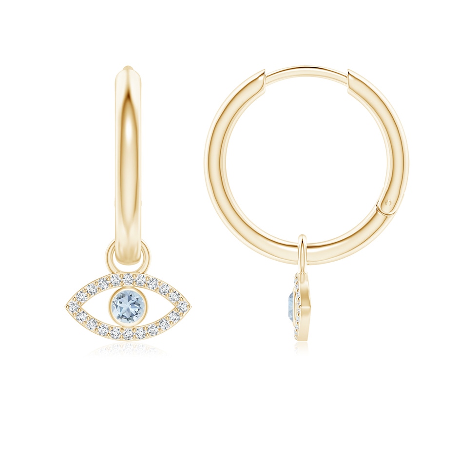 2.5mm A Aquamarine Evil Eye Hinged Hoop Earrings with Diamonds in Yellow Gold 