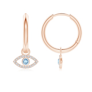 2.5mm AAA Aquamarine Evil Eye Hinged Hoop Earrings with Diamonds in Rose Gold