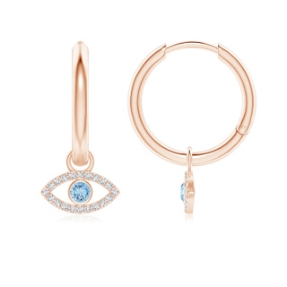 2.5mm AAAA Aquamarine Evil Eye Hinged Hoop Earrings with Diamonds in Rose Gold