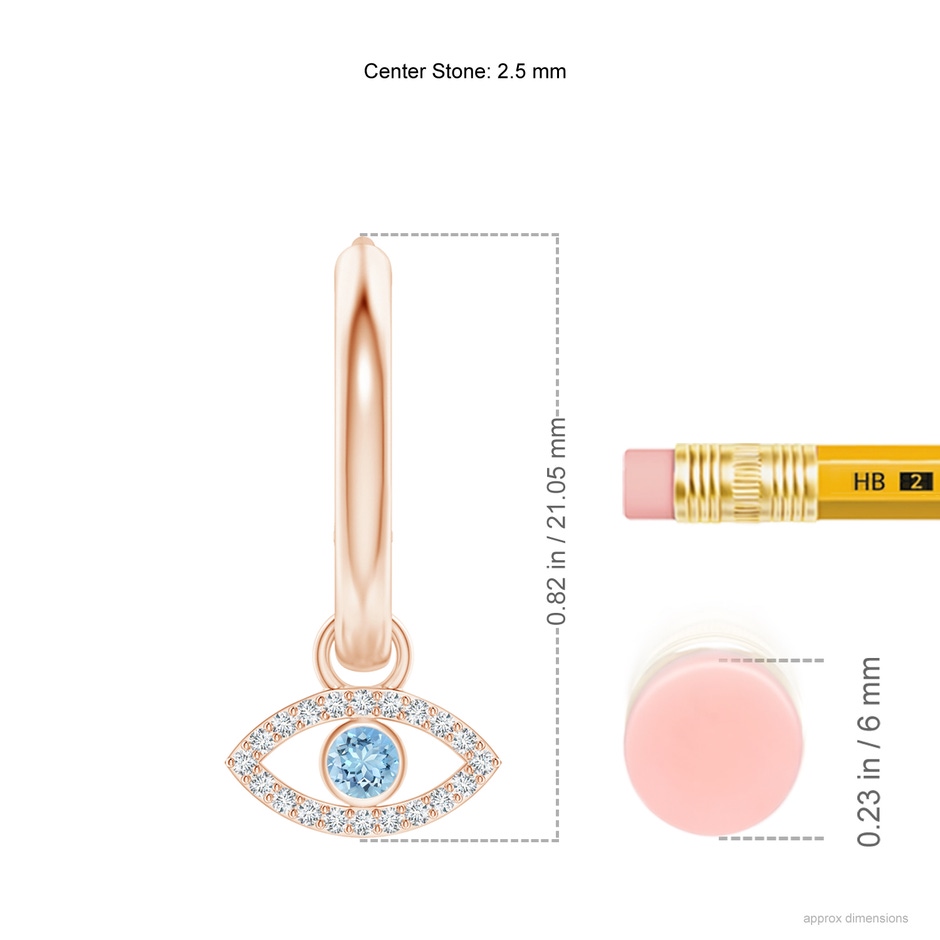 2.5mm AAAA Aquamarine Evil Eye Hinged Hoop Earrings with Diamonds in Rose Gold ruler