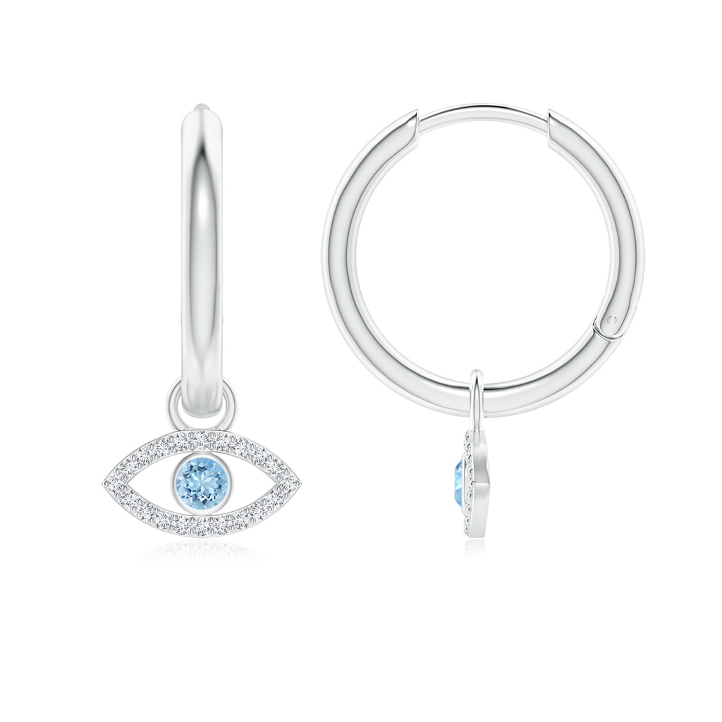 2.5mm AAAA Aquamarine Evil Eye Hinged Hoop Earrings with Diamonds in White Gold