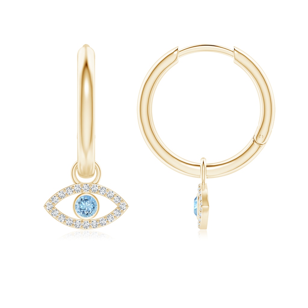 2.5mm AAAA Aquamarine Evil Eye Hinged Hoop Earrings with Diamonds in Yellow Gold