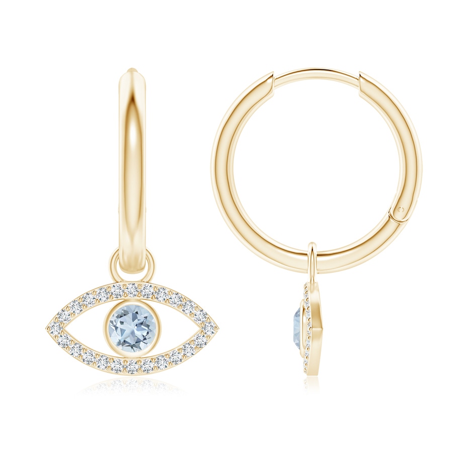 3.5mm A Aquamarine Evil Eye Hinged Hoop Earrings with Diamonds in Yellow Gold 