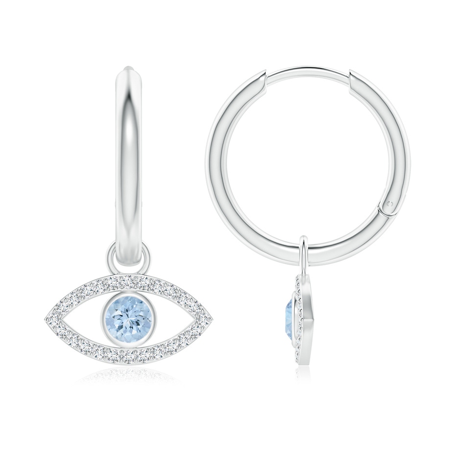 3.5mm AA Aquamarine Evil Eye Hinged Hoop Earrings with Diamonds in White Gold 