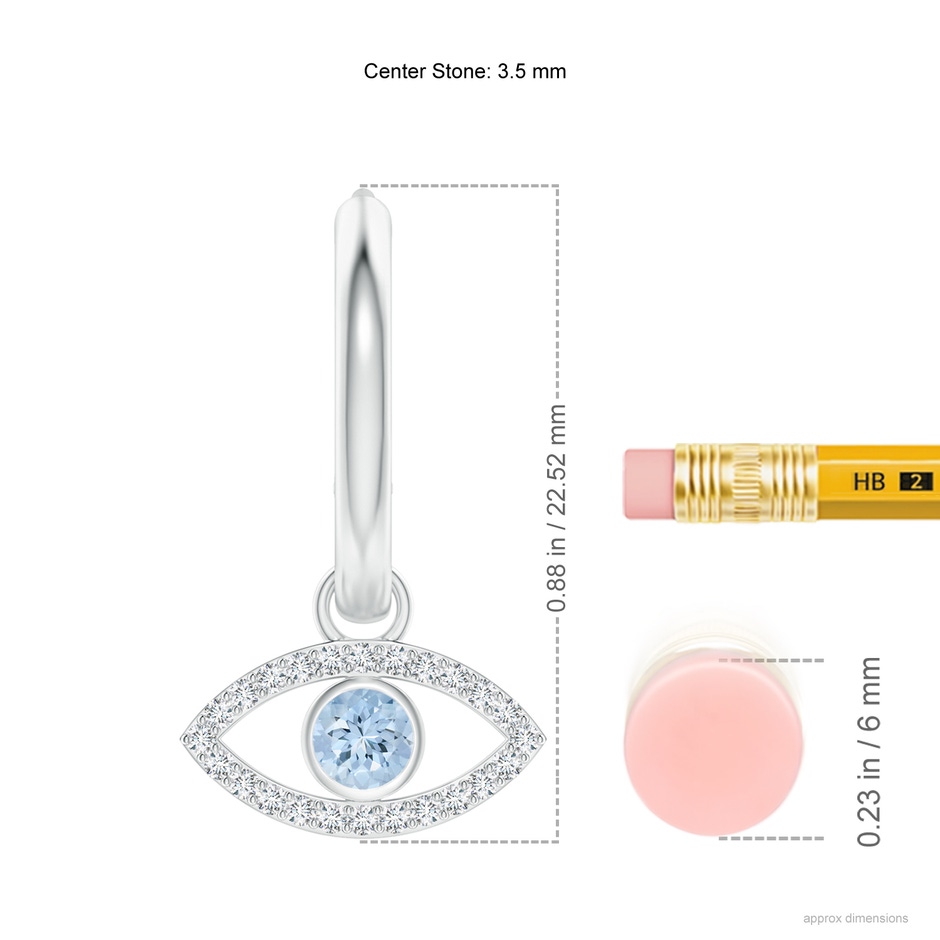 3.5mm AA Aquamarine Evil Eye Hinged Hoop Earrings with Diamonds in White Gold ruler