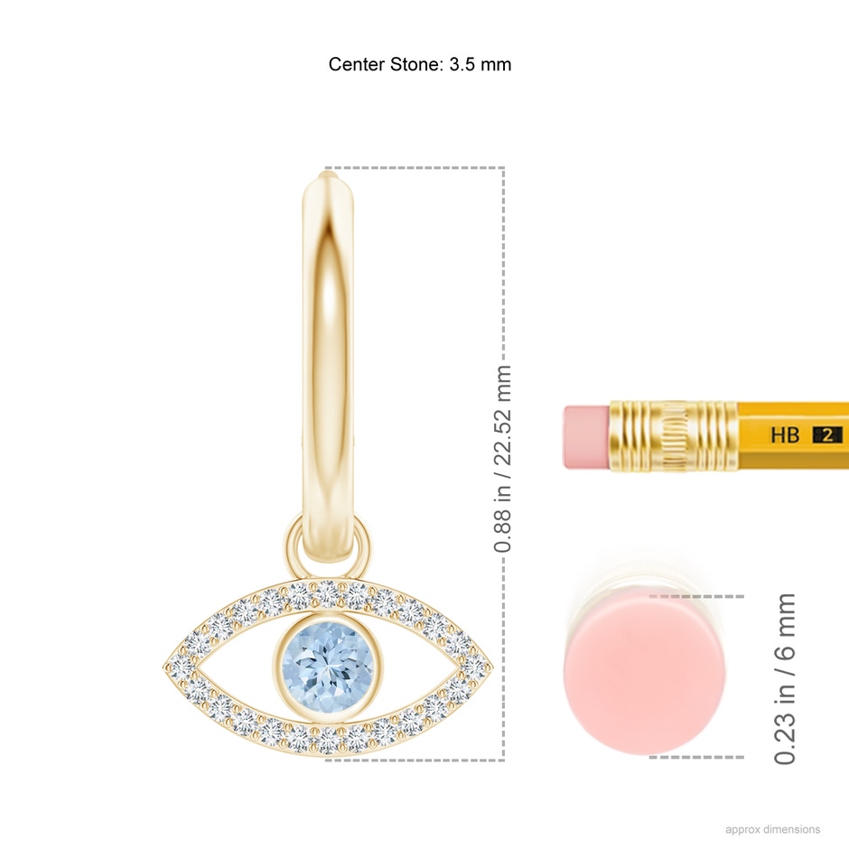 3.5mm AA Aquamarine Evil Eye Hinged Hoop Earrings with Diamonds in Yellow Gold ruler