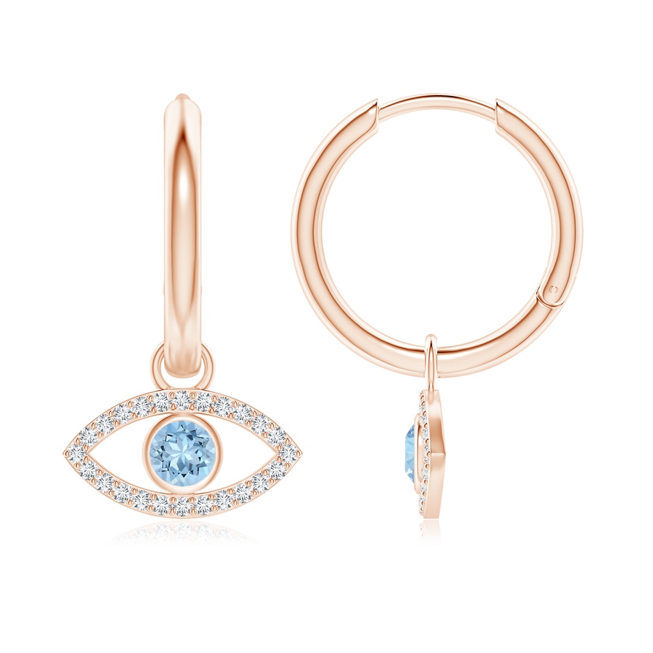 3.5mm AAA Aquamarine Evil Eye Hinged Hoop Earrings with Diamonds in Rose Gold 