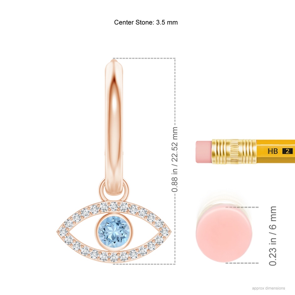 3.5mm AAA Aquamarine Evil Eye Hinged Hoop Earrings with Diamonds in Rose Gold ruler