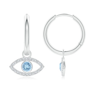 3.5mm AAA Aquamarine Evil Eye Hinged Hoop Earrings with Diamonds in White Gold