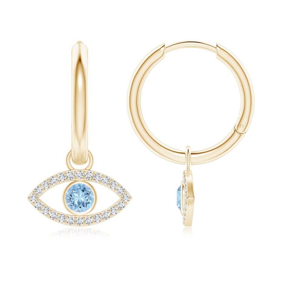 3.5mm AAA Aquamarine Evil Eye Hinged Hoop Earrings with Diamonds in Yellow Gold 