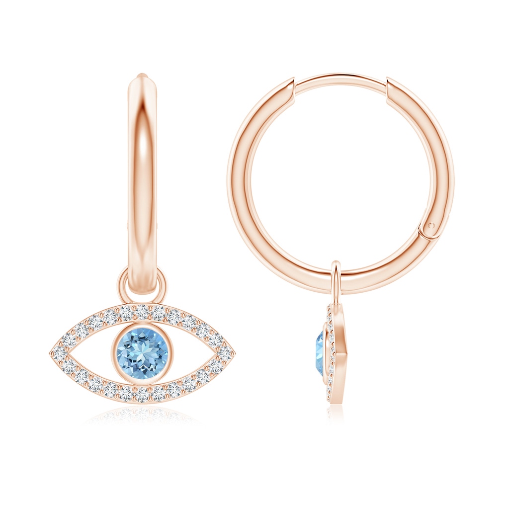 3.5mm AAAA Aquamarine Evil Eye Hinged Hoop Earrings with Diamonds in Rose Gold