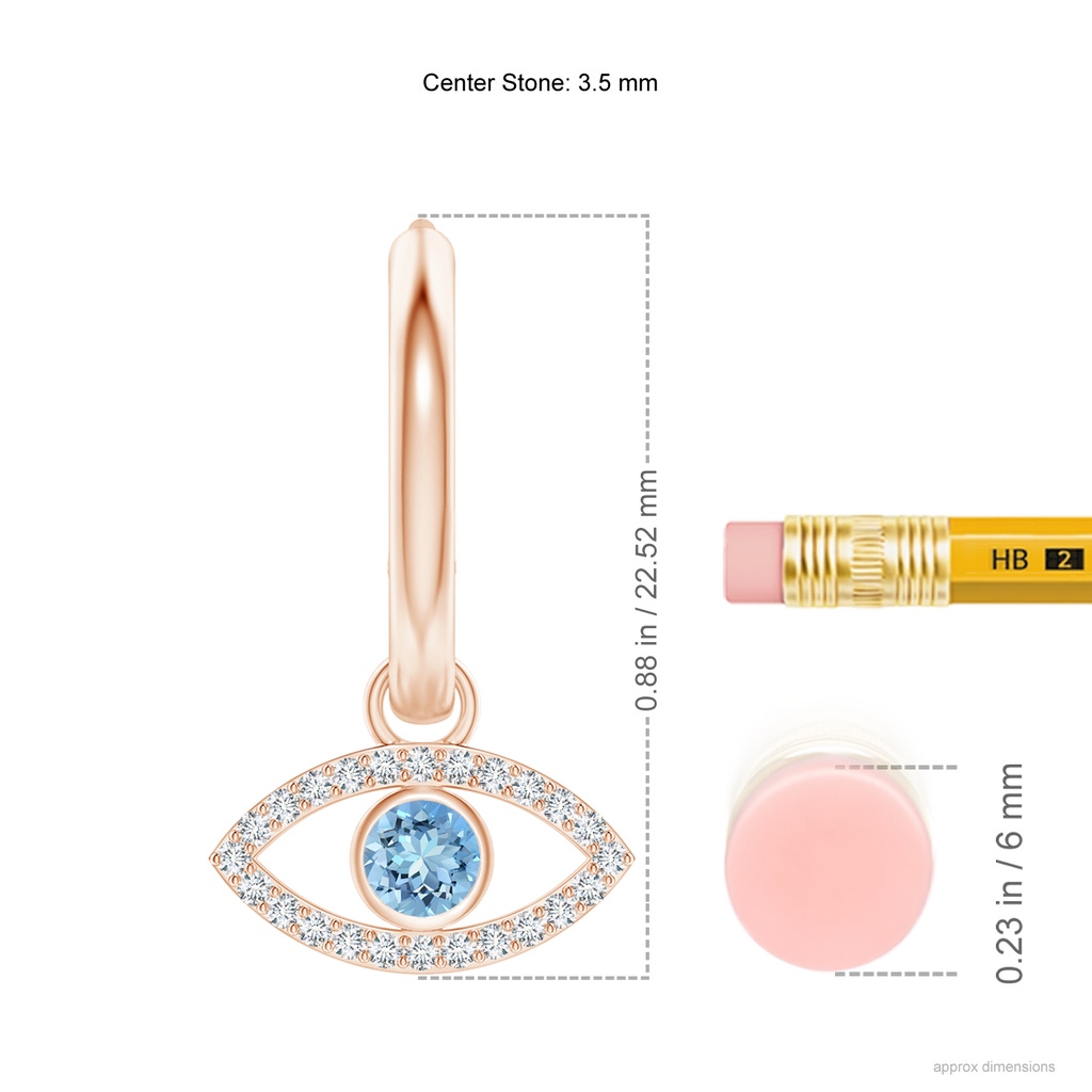 3.5mm AAAA Aquamarine Evil Eye Hinged Hoop Earrings with Diamonds in Rose Gold Ruler