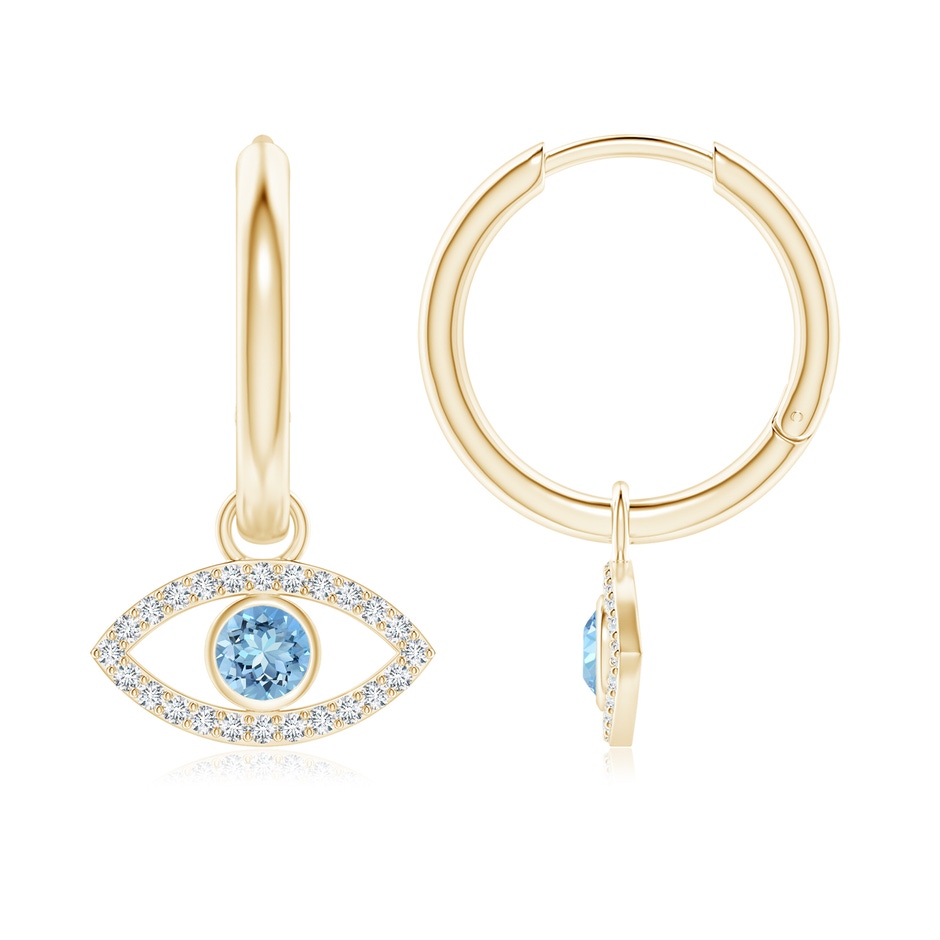 3.5mm AAAA Aquamarine Evil Eye Hinged Hoop Earrings with Diamonds in Yellow Gold 