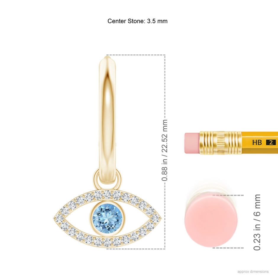 3.5mm AAAA Aquamarine Evil Eye Hinged Hoop Earrings with Diamonds in Yellow Gold ruler