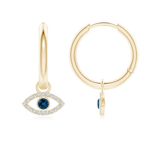 2.5mm AAA London Blue Topaz Evil Eye Hoop Earrings with Diamonds in Yellow Gold