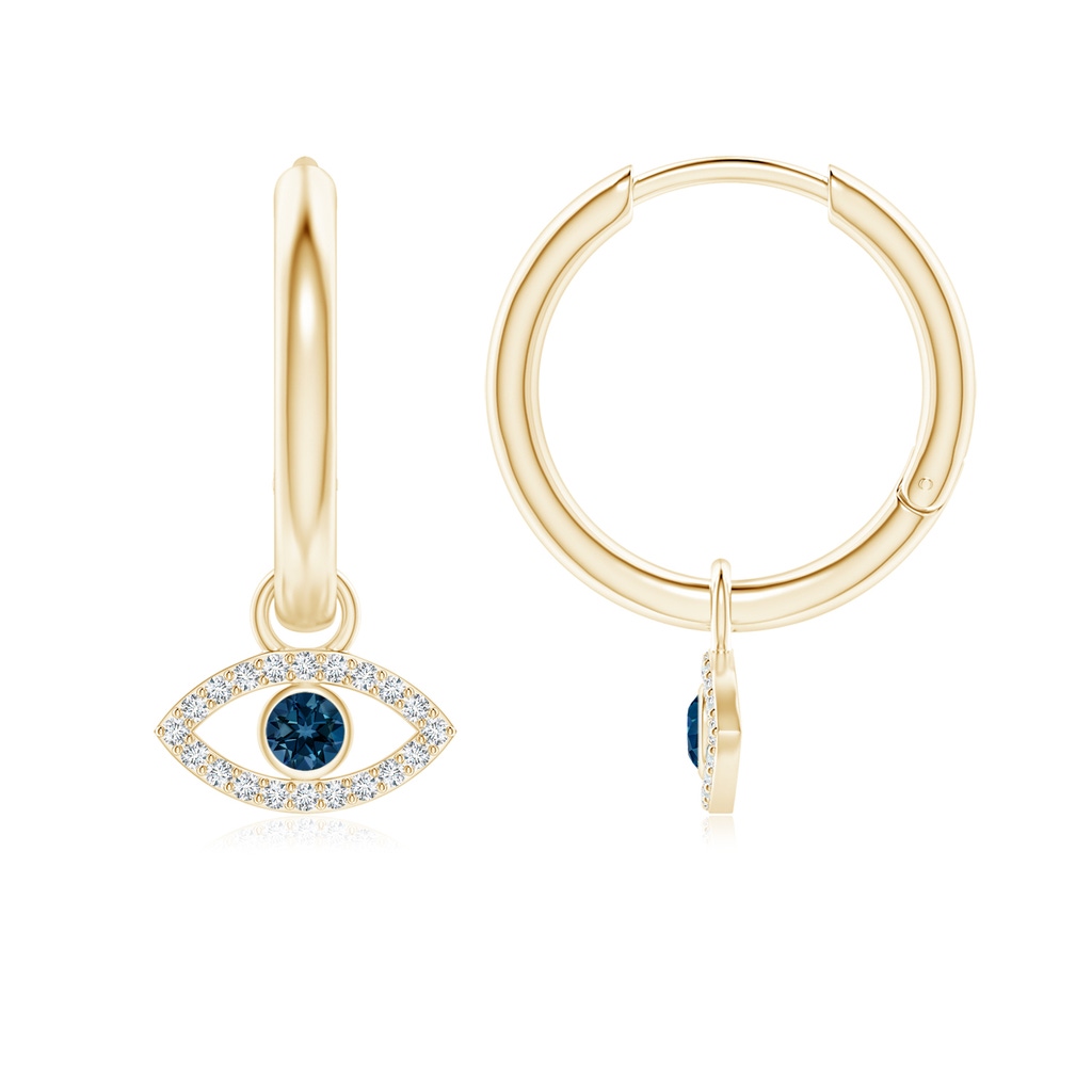 2.5mm AAAA London Blue Topaz Evil Eye Hoop Earrings with Diamonds in Yellow Gold