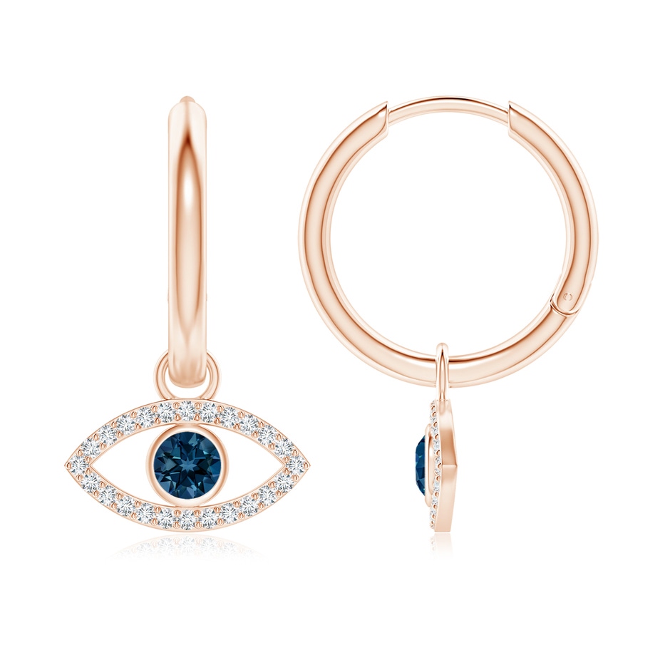 3.5mm AAAA London Blue Topaz Evil Eye Hoop Earrings with Diamonds in Rose Gold 