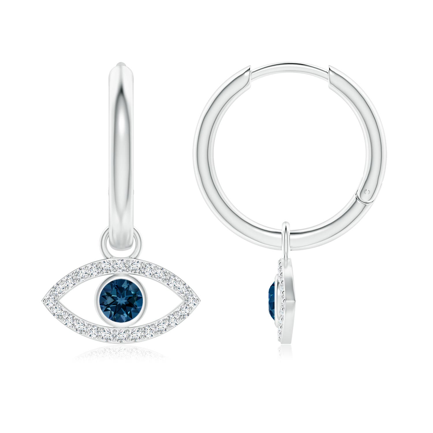 3.5mm AAAA London Blue Topaz Evil Eye Hoop Earrings with Diamonds in White Gold