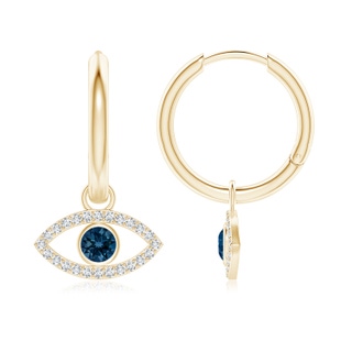 3.5mm AAAA London Blue Topaz Evil Eye Hoop Earrings with Diamonds in Yellow Gold
