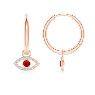 2.5mm AAA Ruby Evil Eye Hinged Hoop Earrings with Diamonds in Rose Gold