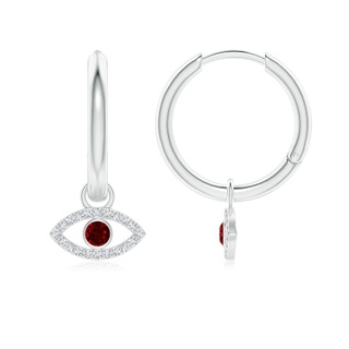 2.5mm AAAA Ruby Evil Eye Hinged Hoop Earrings with Diamonds in White Gold