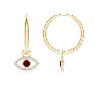 2.5mm AAAA Ruby Evil Eye Hinged Hoop Earrings with Diamonds in Yellow Gold
