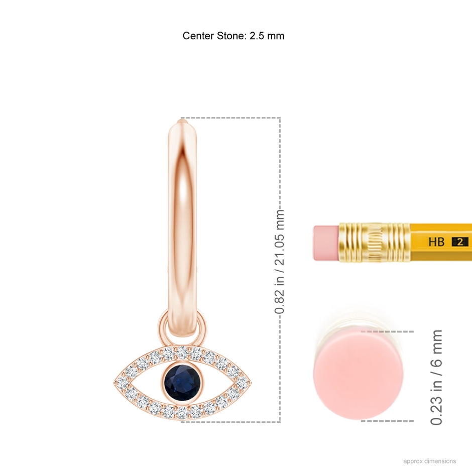 2.5mm A Sapphire Evil Eye Hinged Hoop Earrings with Diamonds in Rose Gold ruler