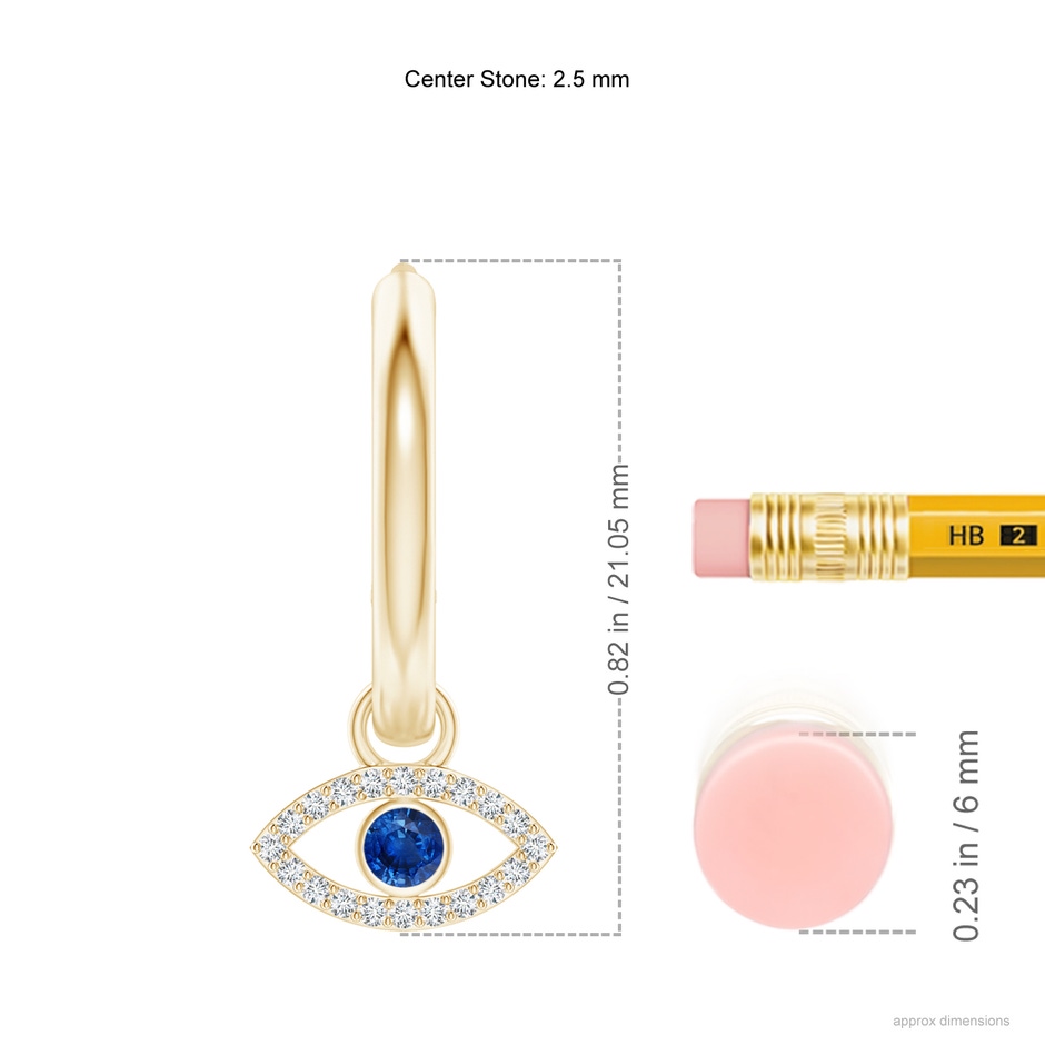 2.5mm AAA Sapphire Evil Eye Hinged Hoop Earrings with Diamonds in Yellow Gold ruler