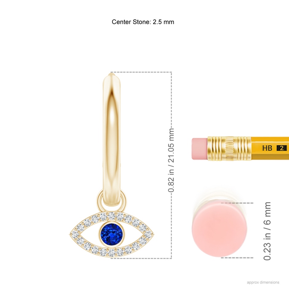 2.5mm AAAA Sapphire Evil Eye Hinged Hoop Earrings with Diamonds in Yellow Gold ruler