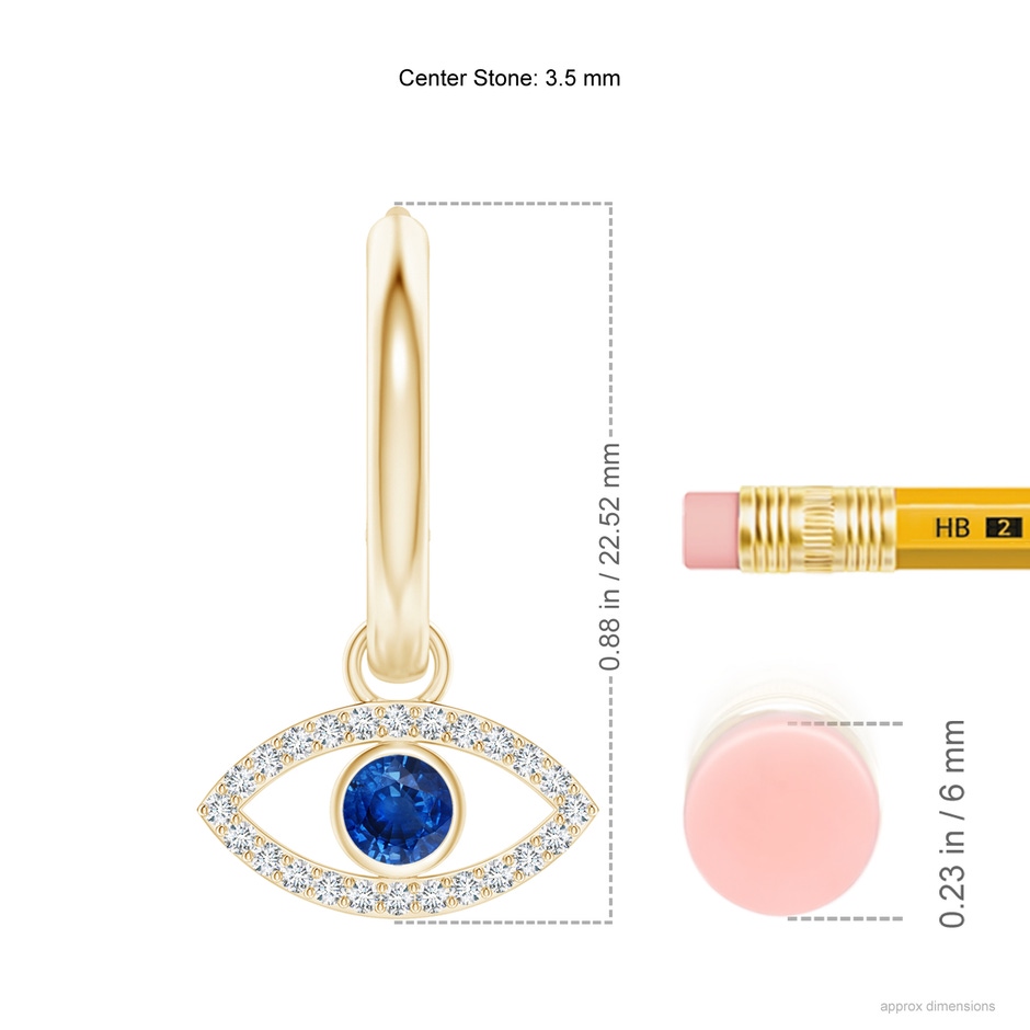 3.5mm AAA Sapphire Evil Eye Hinged Hoop Earrings with Diamonds in Yellow Gold ruler