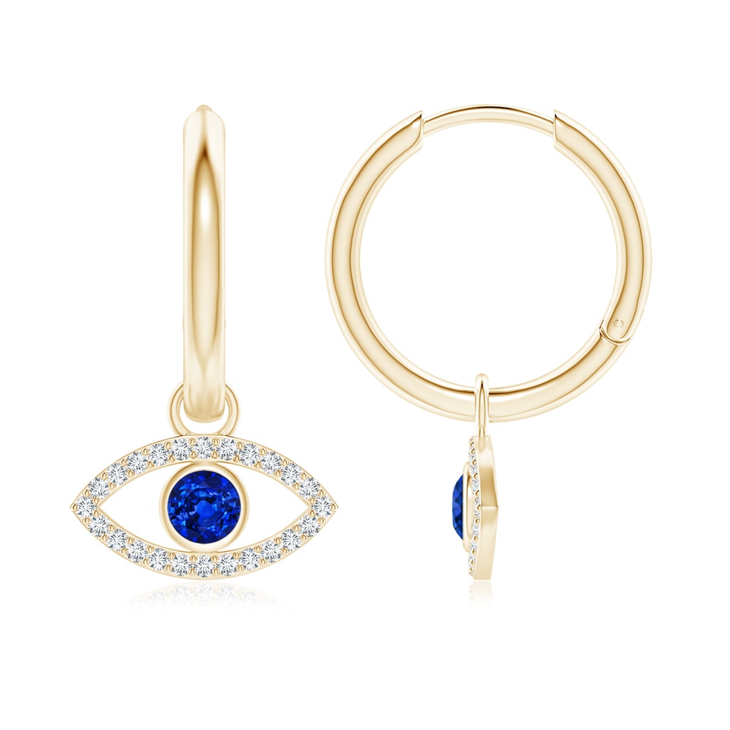 3.5mm AAAA Sapphire Evil Eye Hinged Hoop Earrings with Diamonds in Yellow Gold