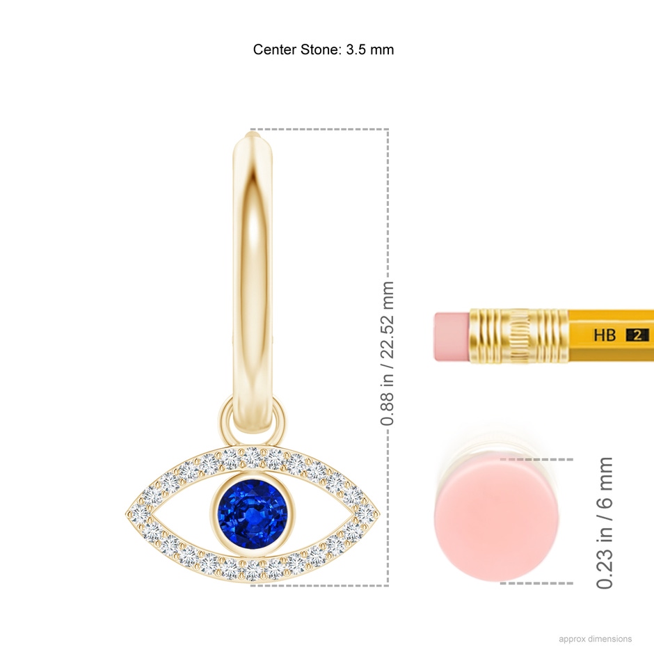 3.5mm AAAA Sapphire Evil Eye Hinged Hoop Earrings with Diamonds in Yellow Gold ruler