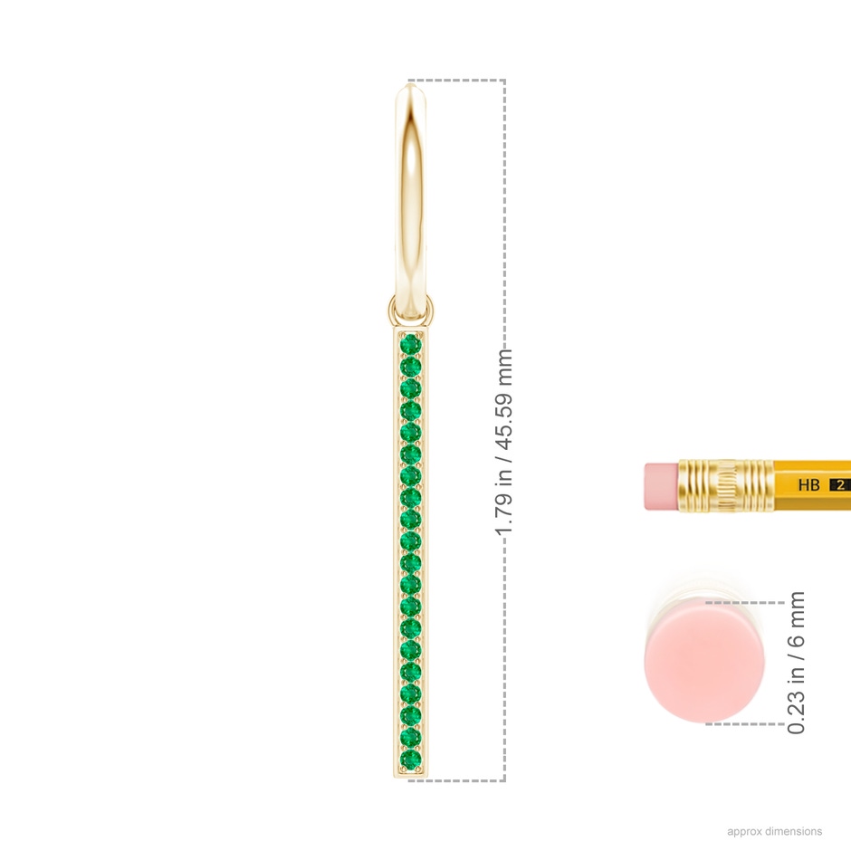 1.3mm AAA Hinged Hoop Dangling Emerald Bar Earrings in Yellow Gold ruler