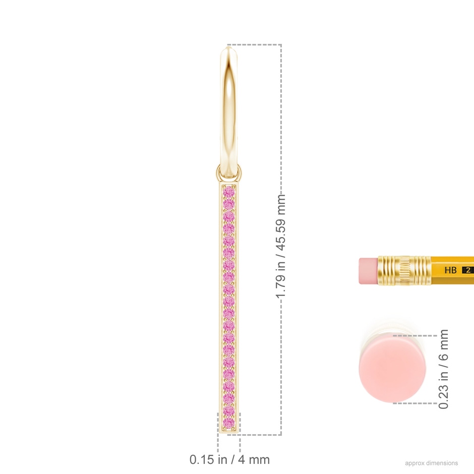 1.3mm A Hinged Hoop Dangling Pink Sapphire Bar Earrings in 18K Yellow Gold ruler
