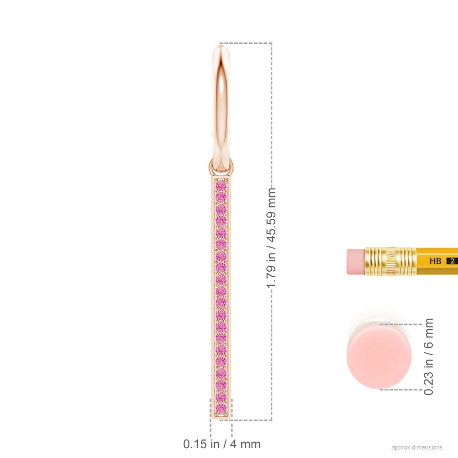 1.3mm AA Hinged Hoop Dangling Pink Sapphire Bar Earrings in 18K Rose Gold ruler