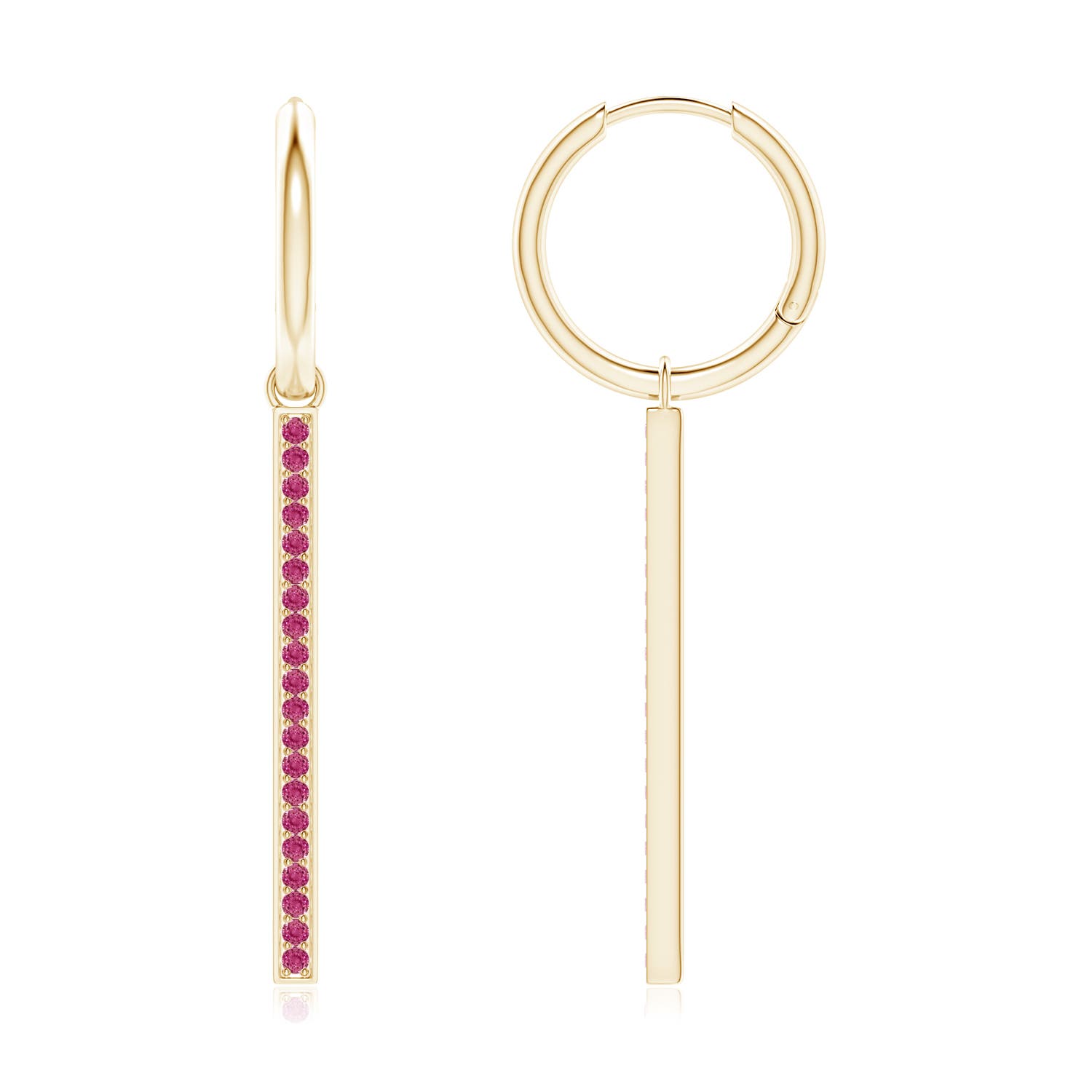 1.3mm AAAA Hinged Hoop Dangling Pink Sapphire Bar Earrings in 18K Yellow Gold
