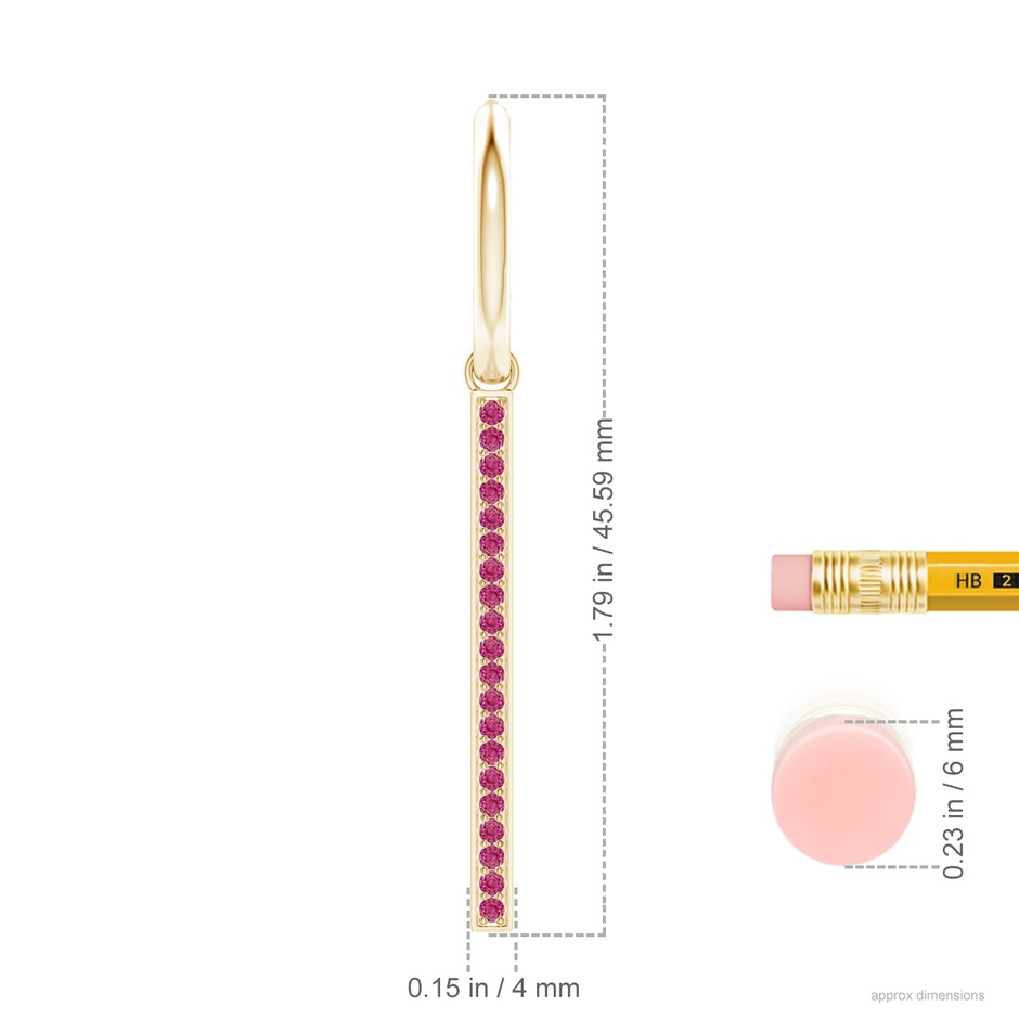 1.3mm AAAA Hinged Hoop Dangling Pink Sapphire Bar Earrings in 18K Yellow Gold ruler