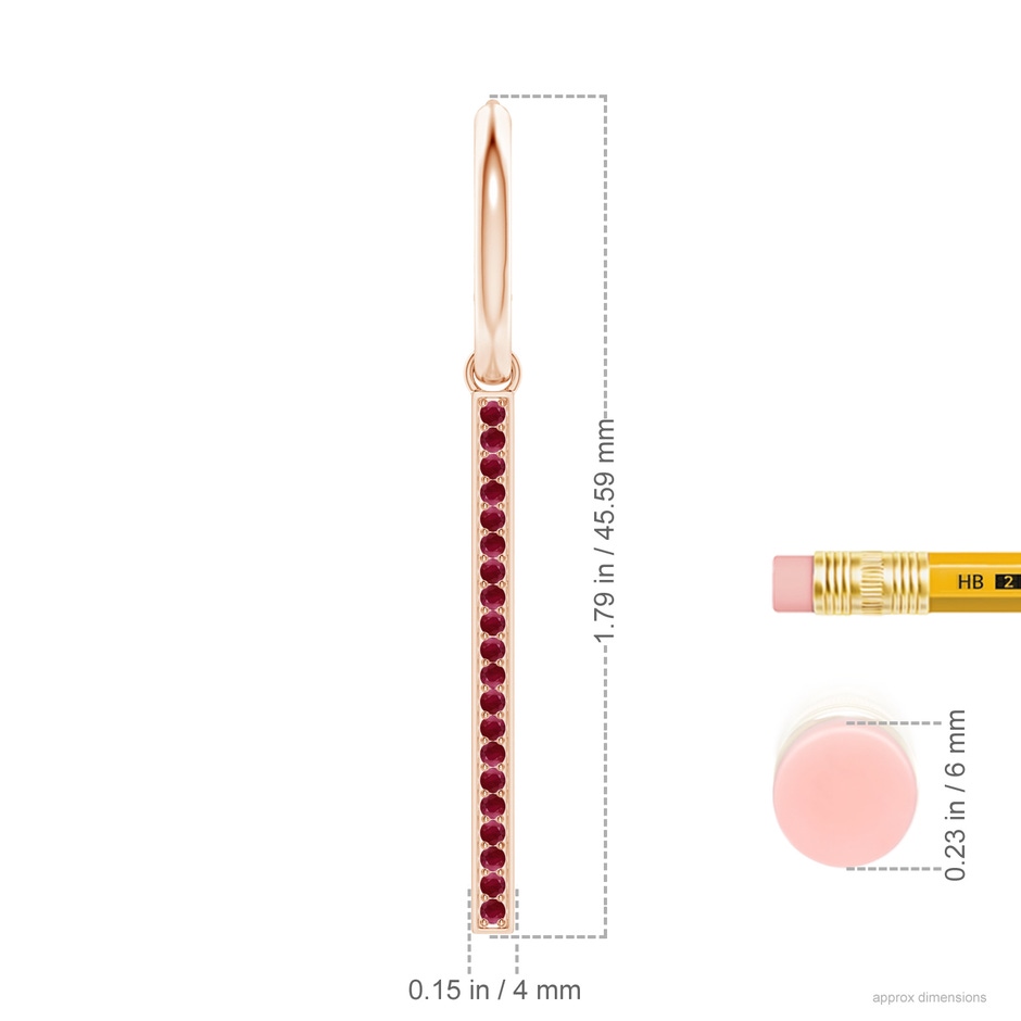 1.3mm A Hinged Hoop Dangling Ruby Bar Earrings in 18K Rose Gold ruler