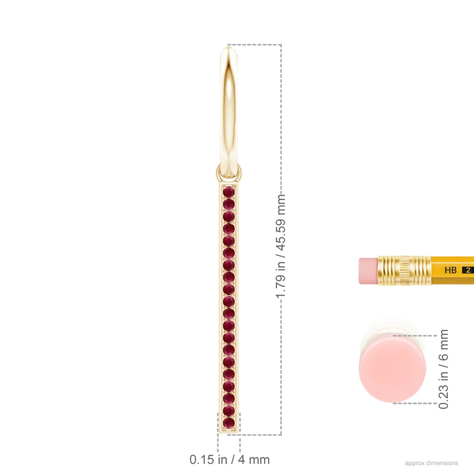 1.3mm A Hinged Hoop Dangling Ruby Bar Earrings in 18K Yellow Gold ruler