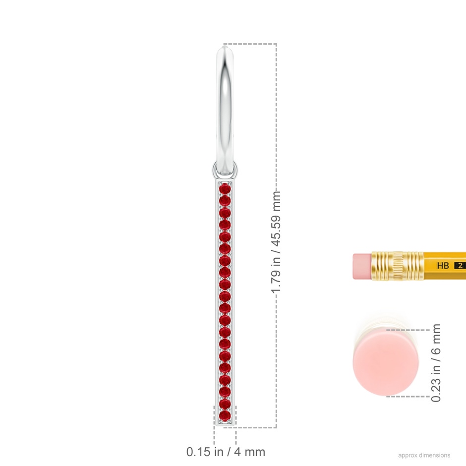 1.3mm AAA Hinged Hoop Dangling Ruby Bar Earrings in 18K White Gold ruler